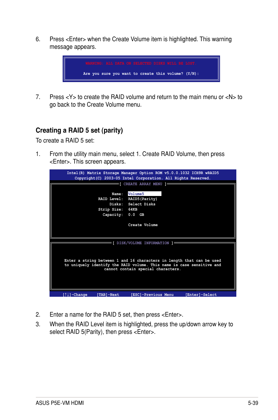 Creating a raid 5 set (parity) | Asus P5E-VM HDMI User Manual | Page 143 / 154