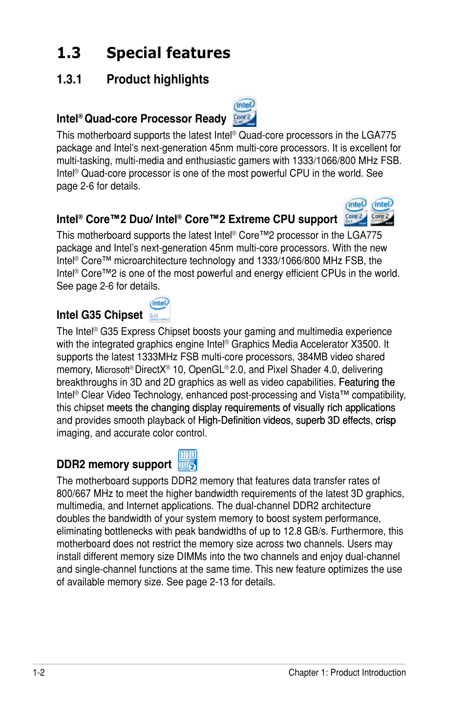 3 special features, 1 product highlights, Intel | Quad-core processor ready, Core™2 duo/ intel, Core™2 extreme cpu support, Intel g35 chipset | Asus P5E-VM HDMI User Manual | Page 18 / 154