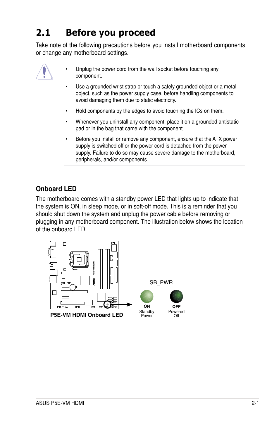 1 before you proceed, Onboard led, Asus p5e-vm hdmi 2-1 | Asus P5E-VM HDMI User Manual | Page 25 / 154