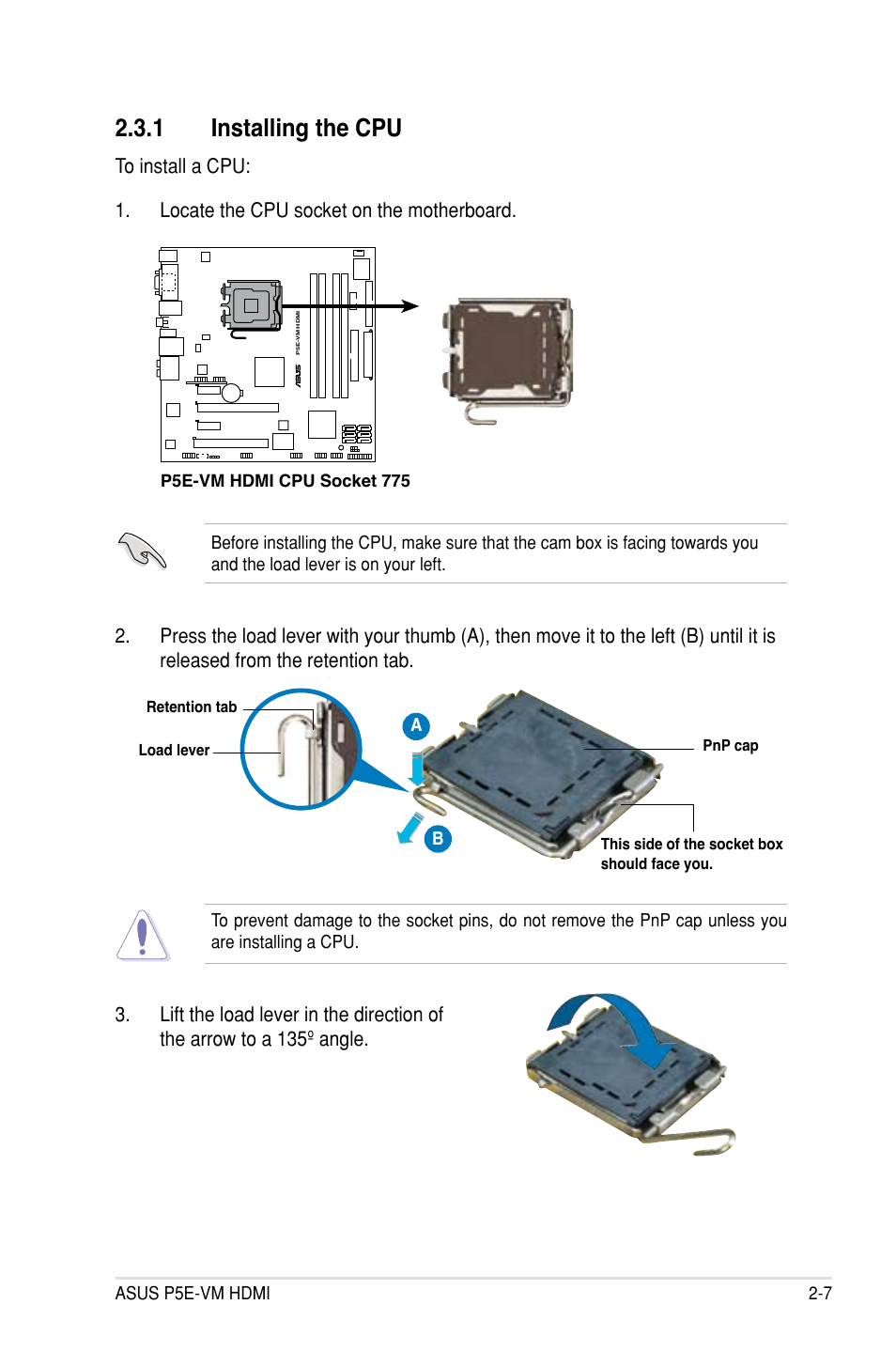 1 installing the cpu, Asus p5e-vm hdmi 2-7 | Asus P5E-VM HDMI User Manual | Page 31 / 154