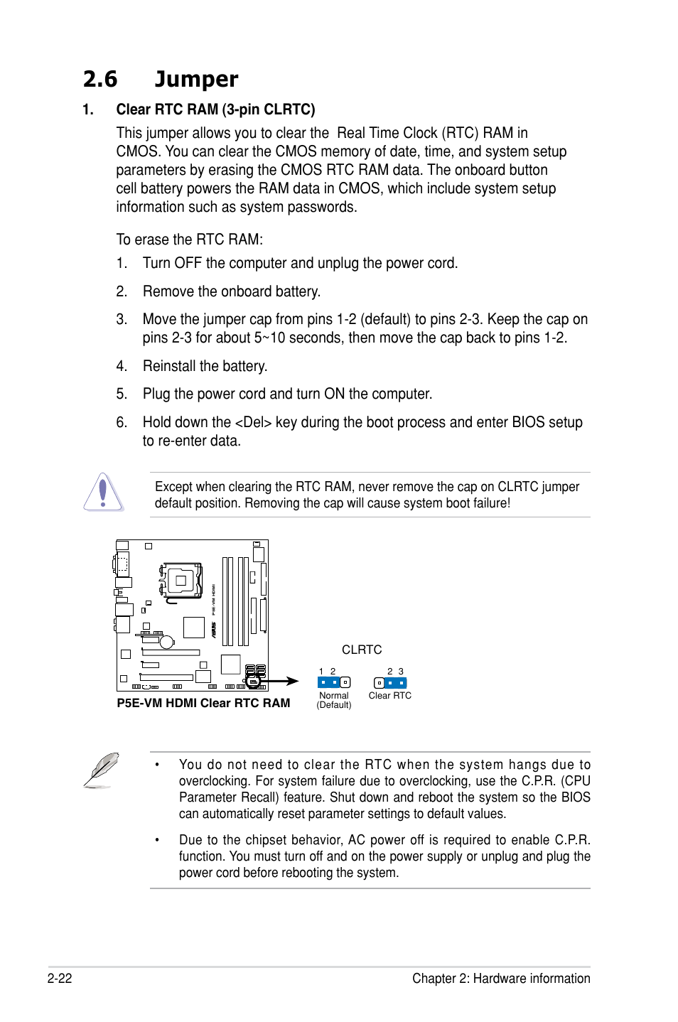 6 jumper, 22 chapter 2: hardware information | Asus P5E-VM HDMI User Manual | Page 46 / 154