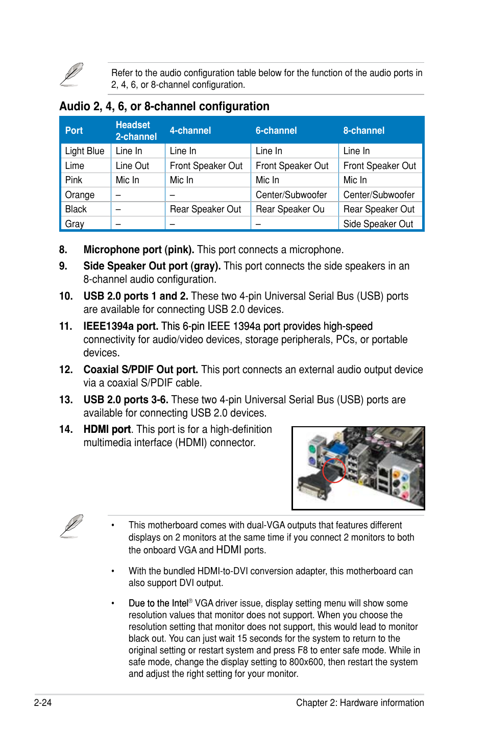 Audio 2, 4, 6, or 8-channel configuration | Asus P5E-VM HDMI User Manual | Page 48 / 154