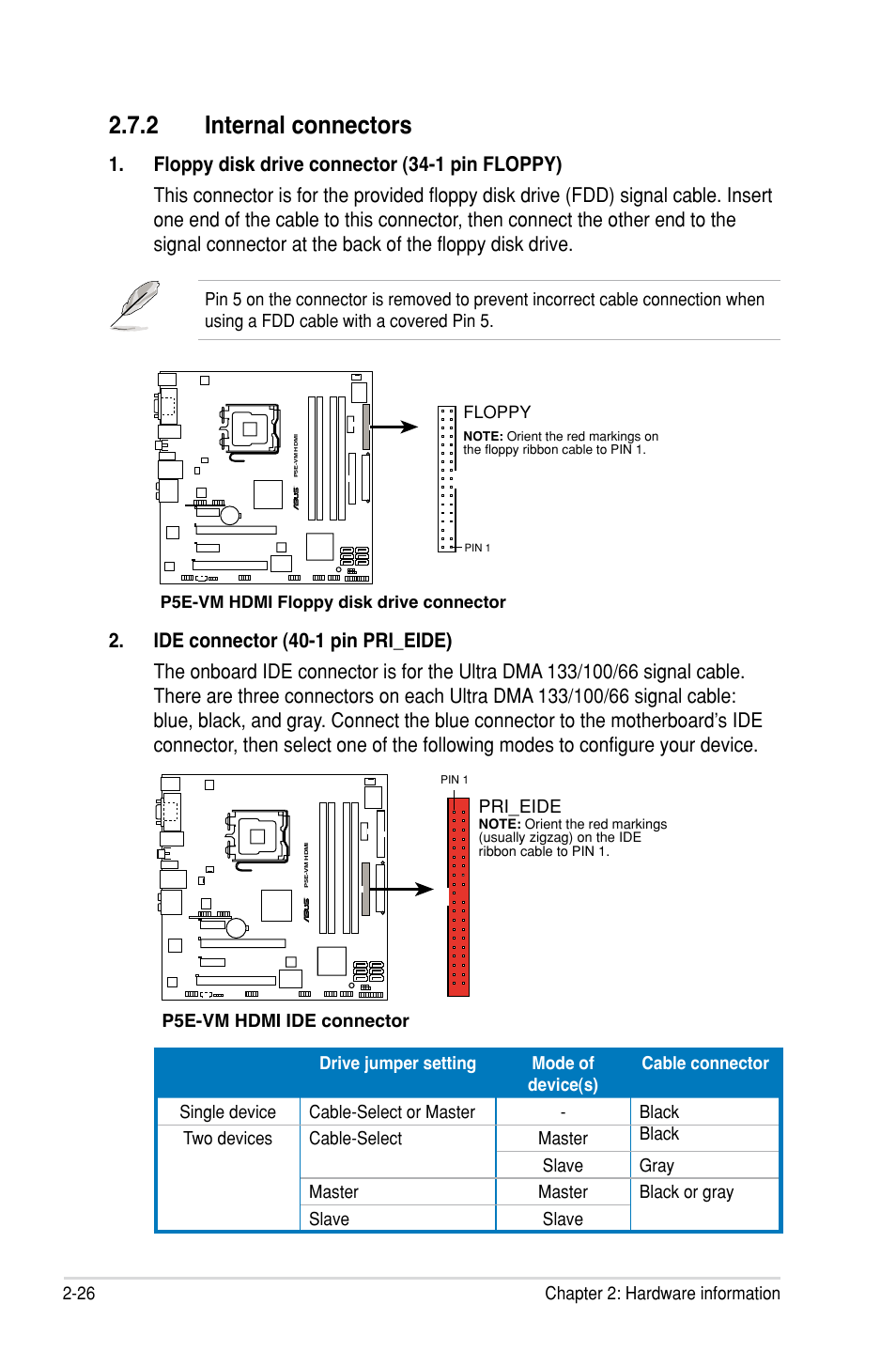 2 internal connectors, 26 chapter 2: hardware information, P5e-vm hdmi ide connector | Pri_eide, P5e-vm hdmi floppy disk drive connector, Floppy | Asus P5E-VM HDMI User Manual | Page 50 / 154