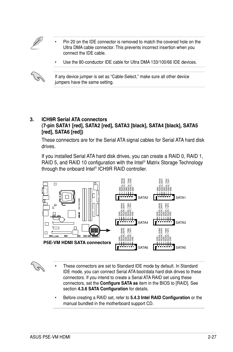 Ich9r raid controller, P5e-vm hdmi sata connectors | Asus P5E-VM HDMI User Manual | Page 51 / 154