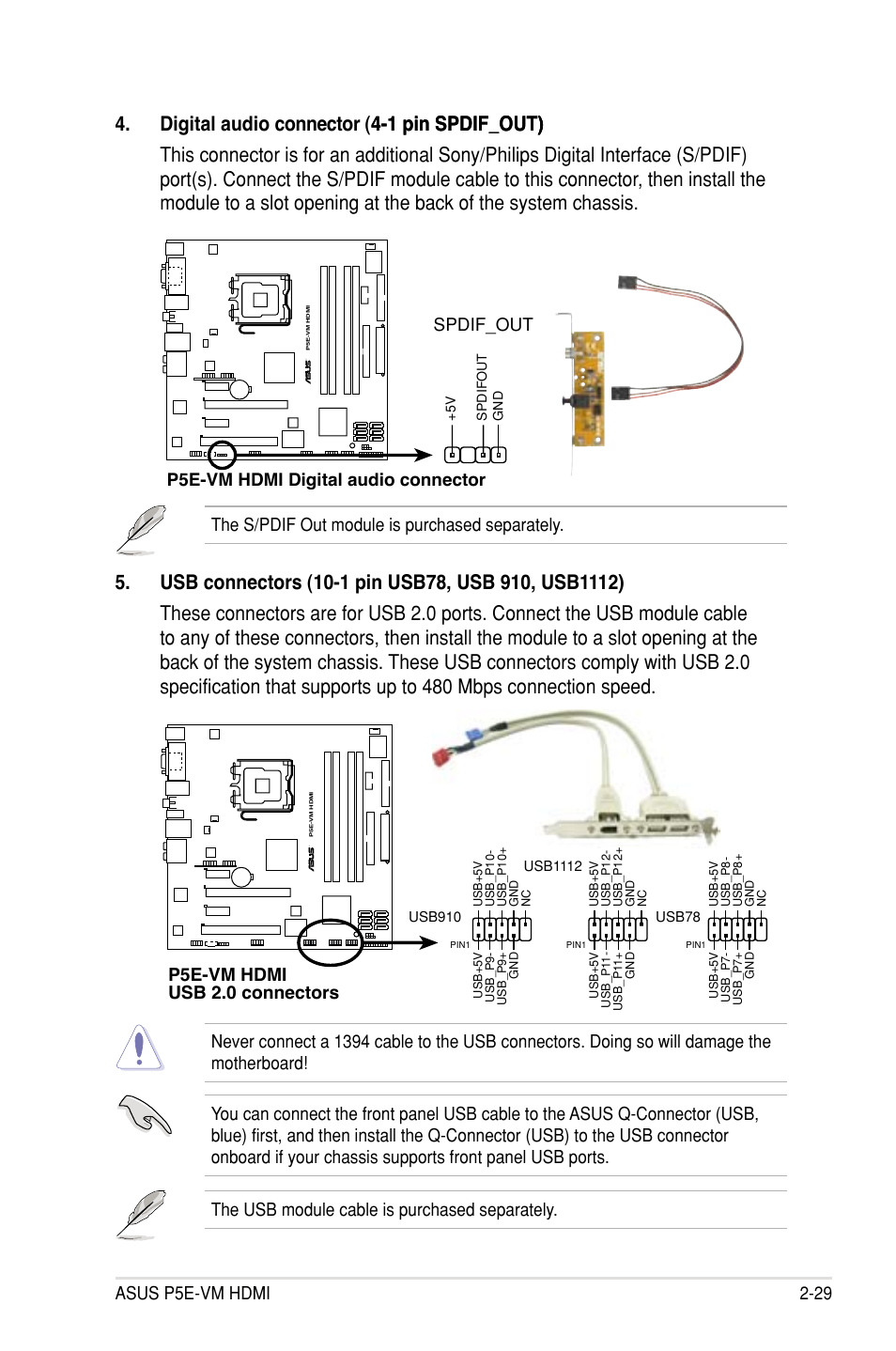 Asus p5e-vm hdmi 2-29, The s/pdif out module is purchased separately, P5e-vm hdmi usb 2.0 connectors | P5e-vm hdmi digital audio connector, Spdif_out | Asus P5E-VM HDMI User Manual | Page 53 / 154