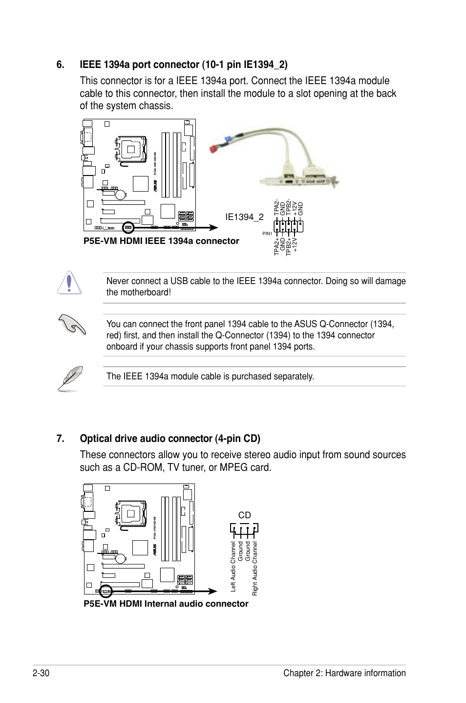 30 chapter 2: hardware information, P5e-vm hdmi internal audio connector cd | Asus P5E-VM HDMI User Manual | Page 54 / 154