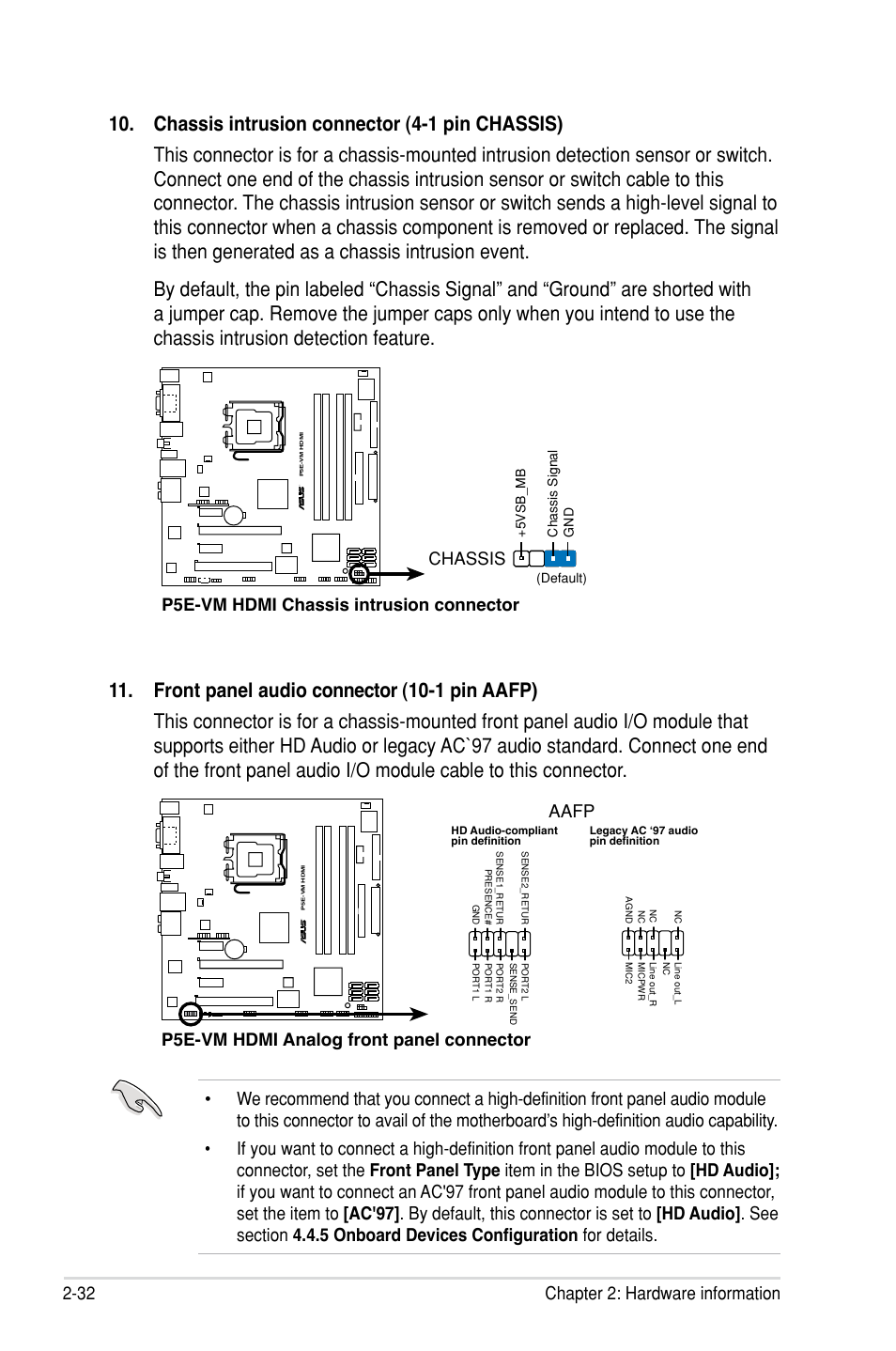 32 chapter 2: hardware information, P5e-vm hdmi chassis intrusion connector chassis, P5e-vm hdmi analog front panel connector aafp | Asus P5E-VM HDMI User Manual | Page 56 / 154