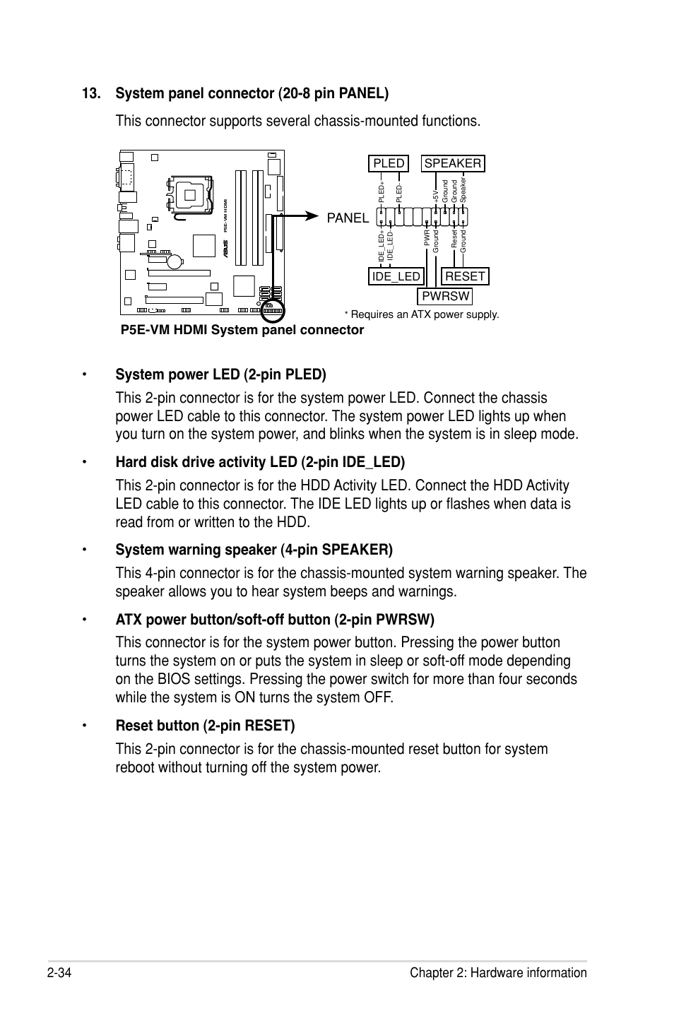 34 chapter 2: hardware information, P5e-vm hdmi system panel connector, Panel | Reset, Pwrsw, Pled speaker | Asus P5E-VM HDMI User Manual | Page 58 / 154