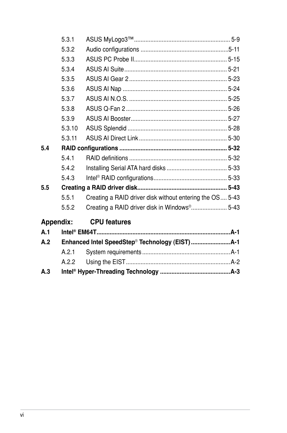 Appendix: cpu features | Asus P5E-VM HDMI User Manual | Page 6 / 154