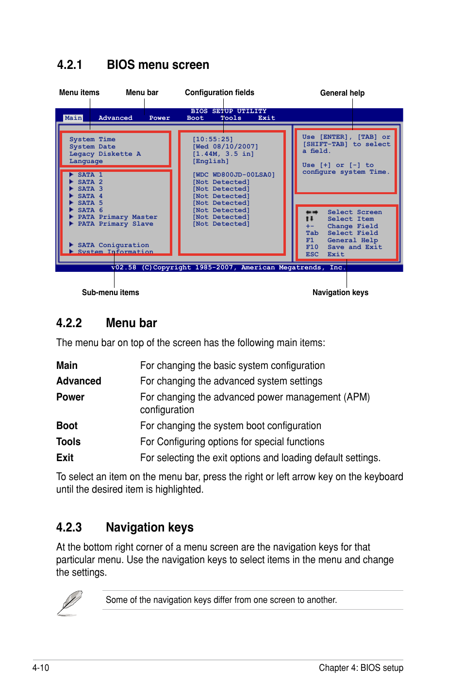 2 menu bar, 3 navigation keys, 1 bios menu screen | Asus P5E-VM HDMI User Manual | Page 76 / 154