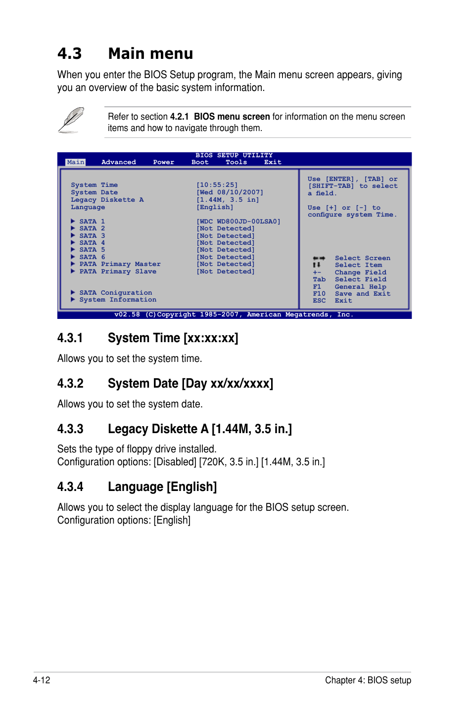 3 main menu, 1 system time [xx:xx:xx, 4 language [english | Allows you to set the system time, Allows you to set the system date | Asus P5E-VM HDMI User Manual | Page 78 / 154