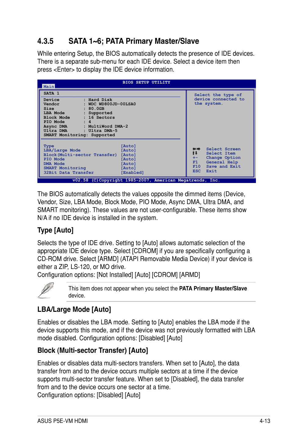 5 sata 1~6; pata primary master/slave, Type [auto, Lba/large mode [auto | Block (multi-sector transfer) [auto | Asus P5E-VM HDMI User Manual | Page 79 / 154