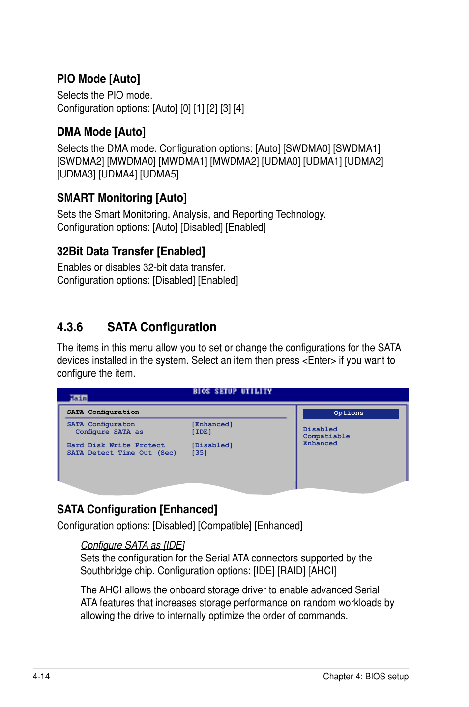 6 sata configuration, Pio mode [auto, Dma mode [auto | Smart monitoring [auto, 32bit data transfer [enabled, Sata configuration [enhanced | Asus P5E-VM HDMI User Manual | Page 80 / 154