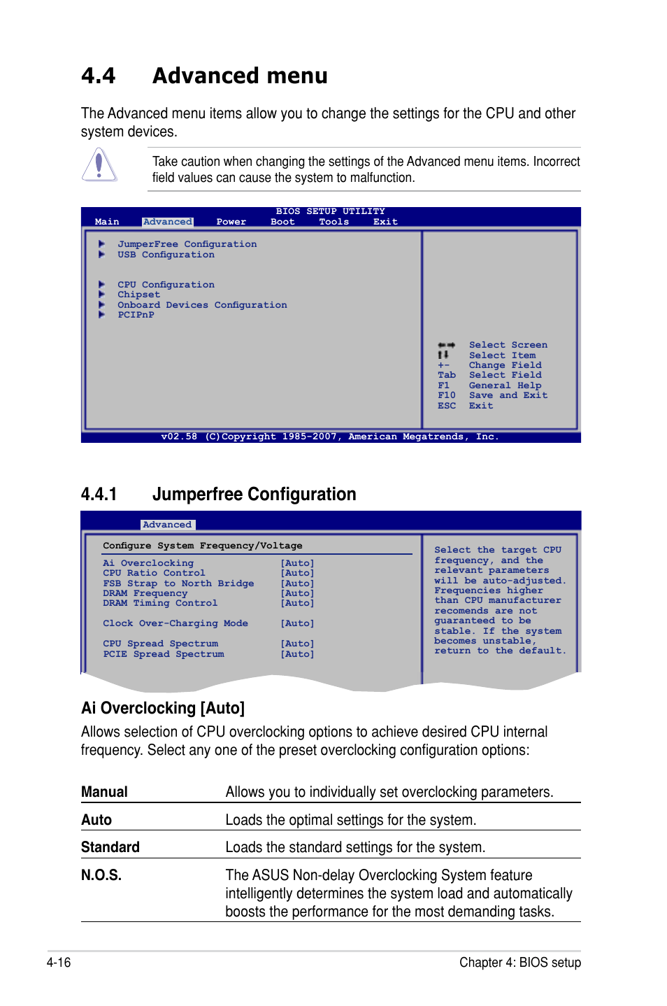 4 advanced menu, 1 jumperfree configuration, Ai overclocking [auto | Asus P5E-VM HDMI User Manual | Page 82 / 154