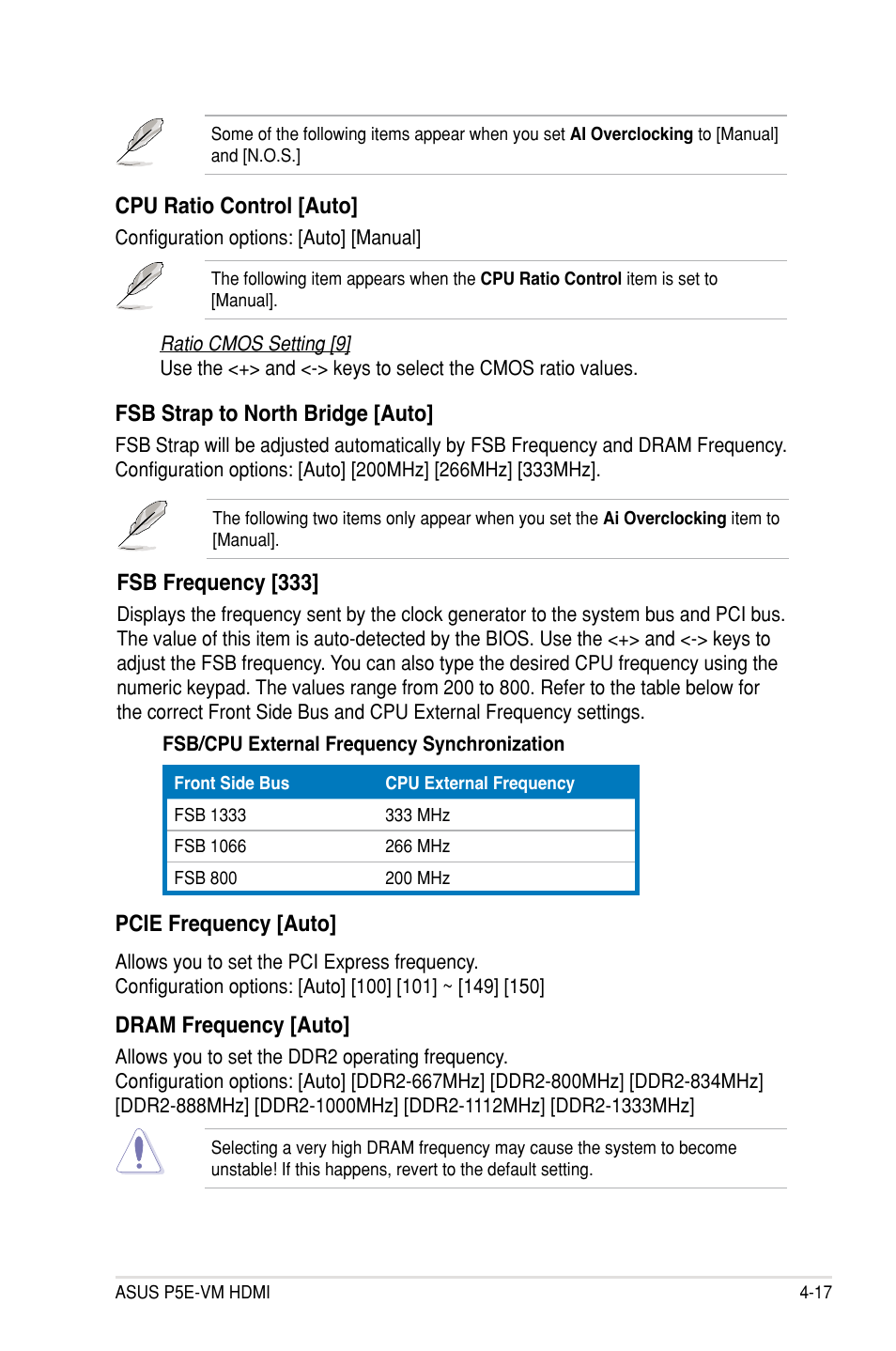 Cpu ratio control [auto, Fsb strap to north bridge [auto, Pcie frequency [auto | Dram frequency [auto, Fsb frequency [333 | Asus P5E-VM HDMI User Manual | Page 83 / 154