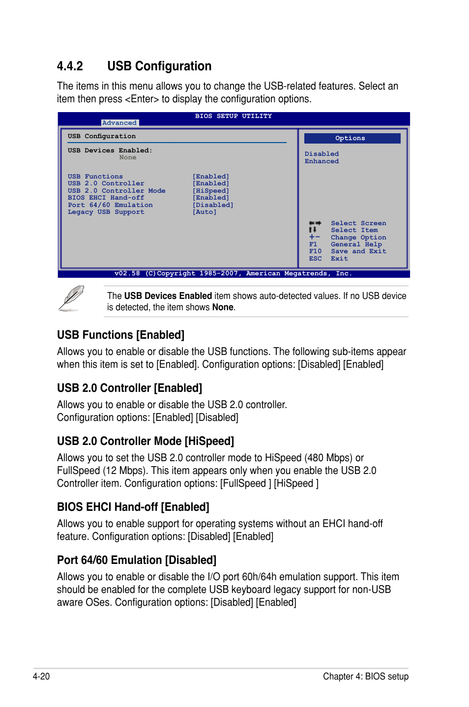 2 usb configuration, Usb functions [enabled, Usb 2.0 controller [enabled | Usb 2.0 controller mode [hispeed, Bios ehci hand-off [enabled, Port 64/60 emulation [disabled | Asus P5E-VM HDMI User Manual | Page 86 / 154