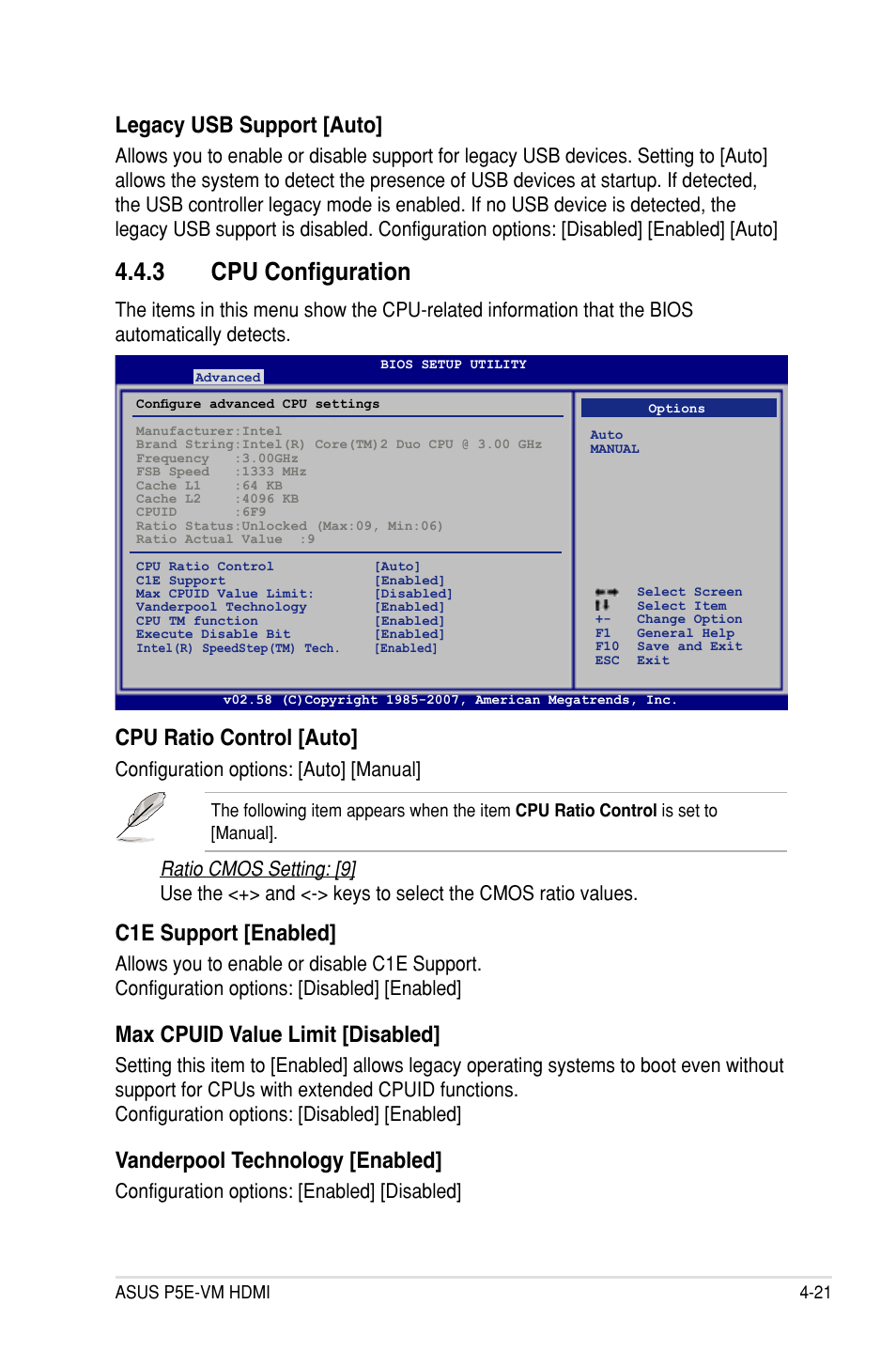 3 cpu configuration, Cpu ratio control [auto, C1e support [enabled | Max cpuid value limit [disabled, Vanderpool technology [enabled, Legacy usb support [auto, Configuration options: [auto] [manual, Configuration options: [enabled] [disabled | Asus P5E-VM HDMI User Manual | Page 87 / 154