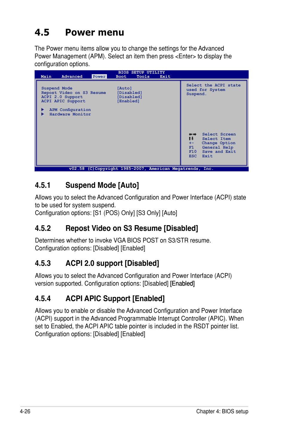 5 power menu, 1 suspend mode [auto, 2 repost video on s3 resume [disabled | 3 acpi 2.0 support [disabled, 4 acpi apic support [enabled | Asus P5E-VM HDMI User Manual | Page 92 / 154