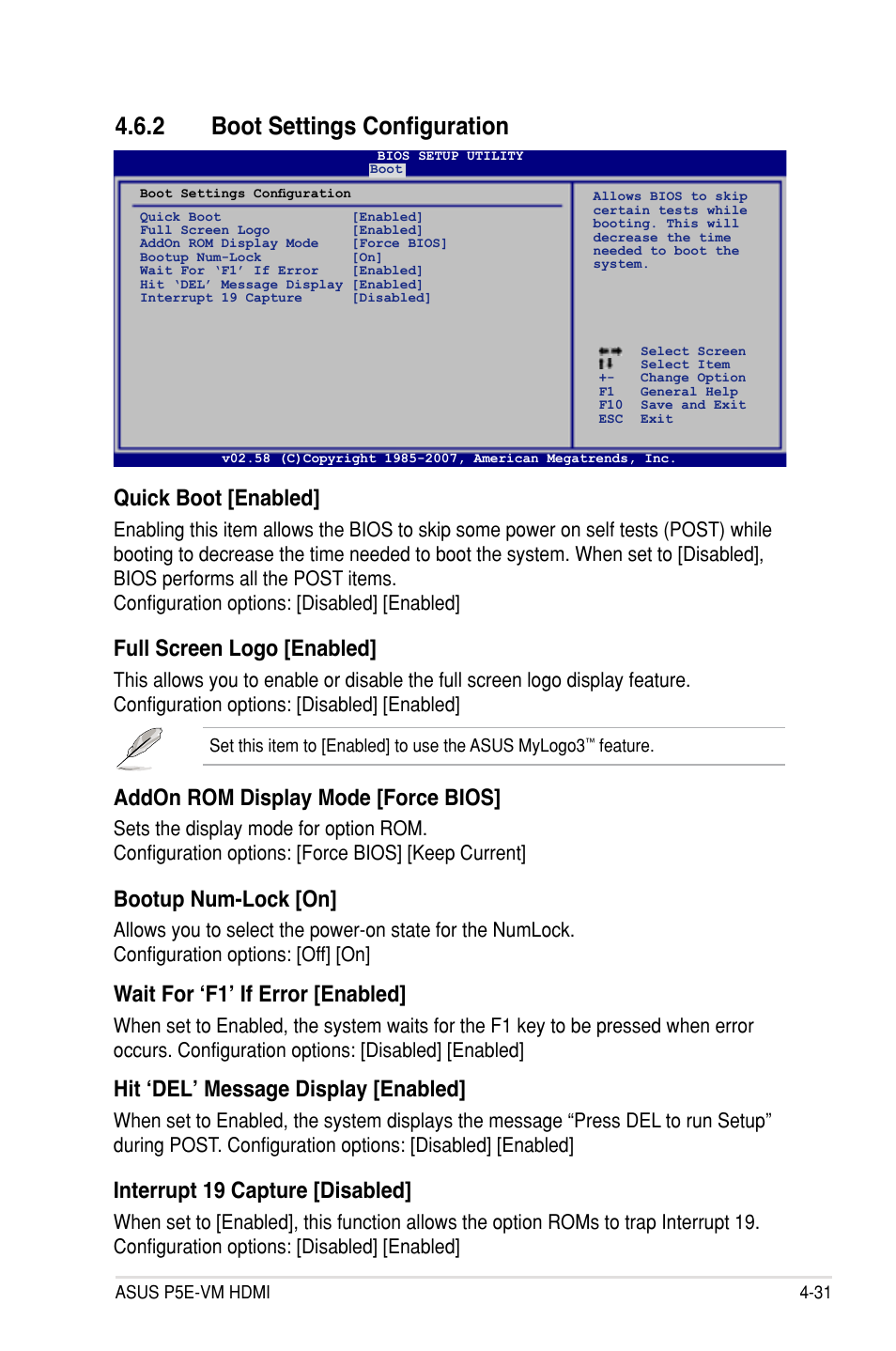 2 boot settings configuration, Quick boot [enabled, Full screen logo [enabled | Addon rom display mode [force bios, Bootup num-lock [on, Wait for ‘f1’ if error [enabled, Hit ‘del’ message display [enabled, Interrupt 19 capture [disabled | Asus P5E-VM HDMI User Manual | Page 97 / 154