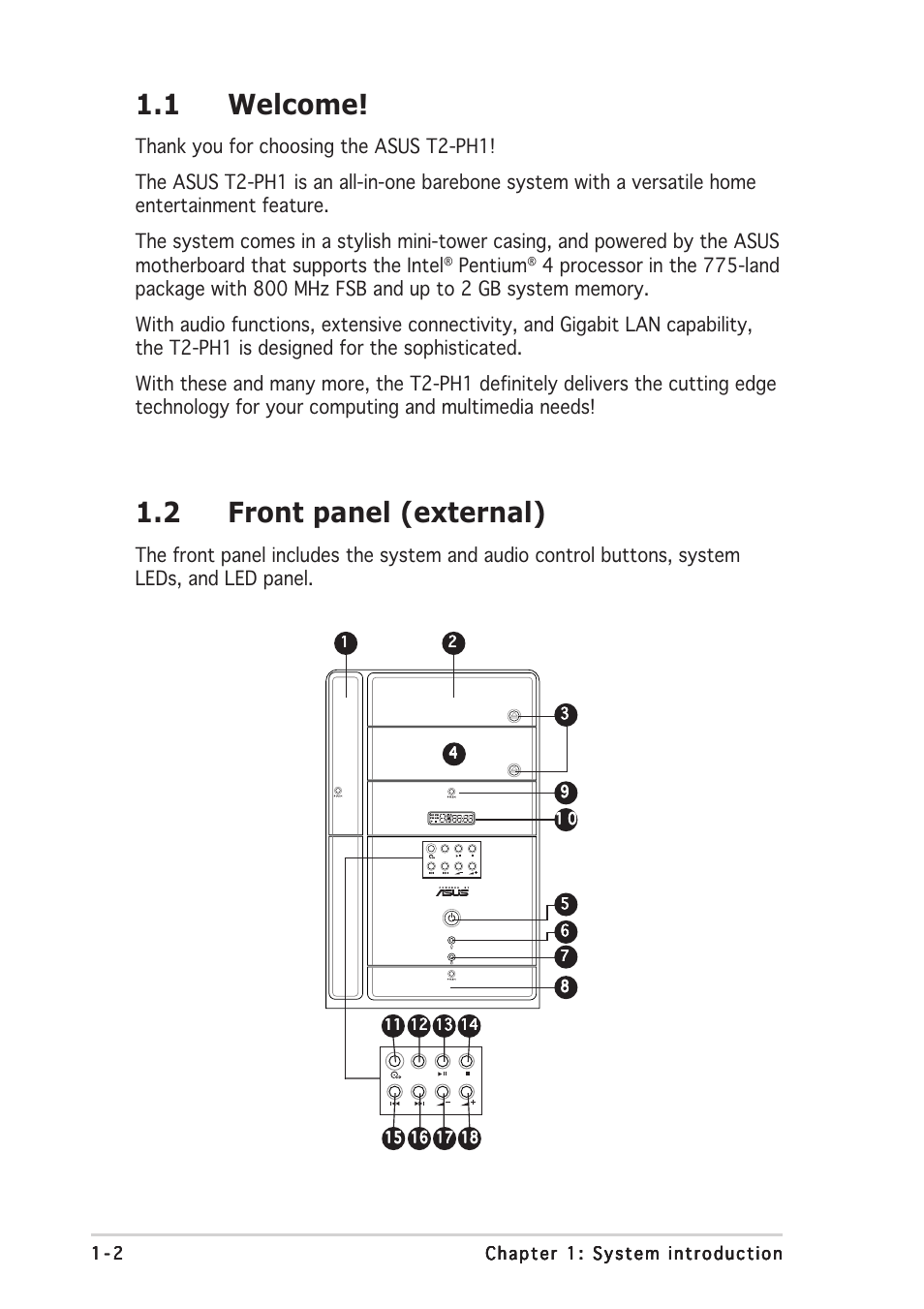 1 welcome, 2 front panel (external), Pentium | Asus T2-PH1 User Manual | Page 12 / 112