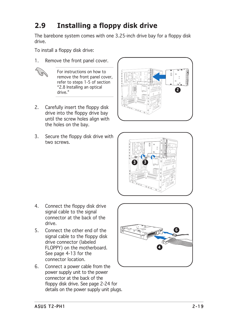 9 installing a floppy disk drive | Asus T2-PH1 User Manual | Page 39 / 112