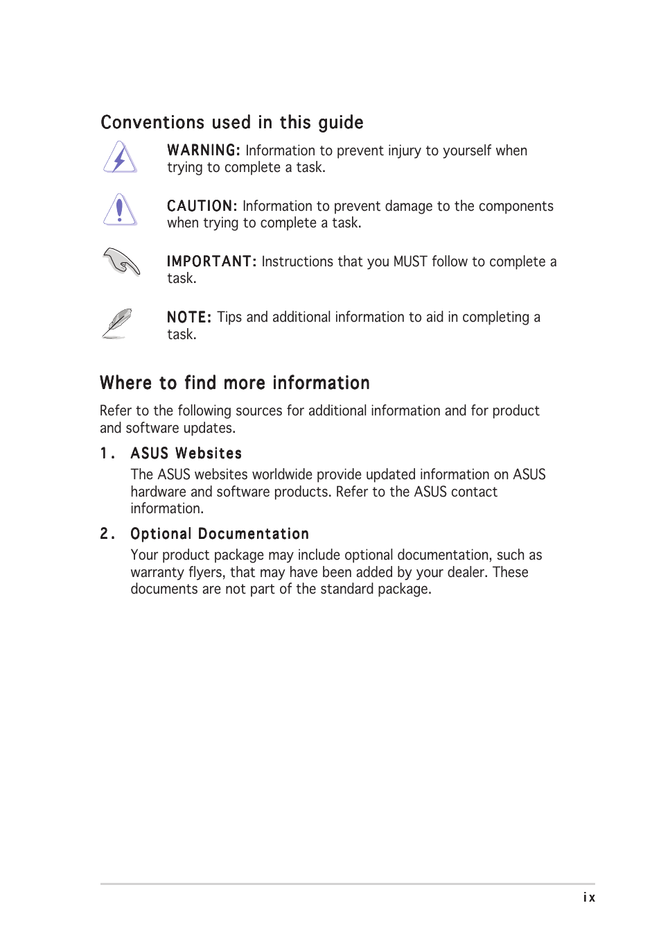 Conventions used in this guide, Where to find more information | Asus T2-PH1 User Manual | Page 9 / 112