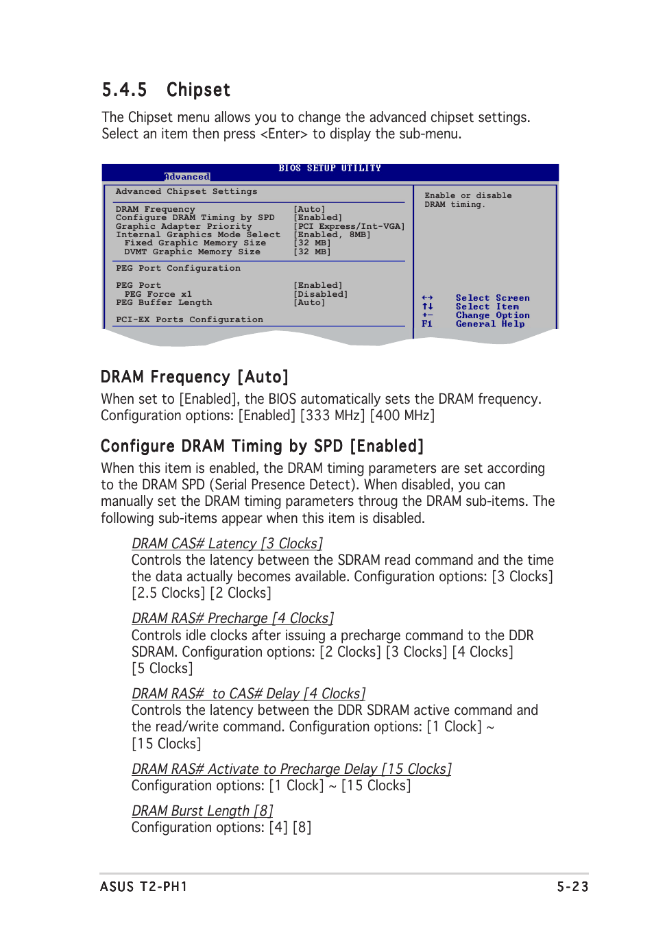 5 chipset chipset chipset chipset chipset, Dram frequency [auto, Configure dram timing by spd [enabled | Asus T2-PH1 User Manual | Page 95 / 112