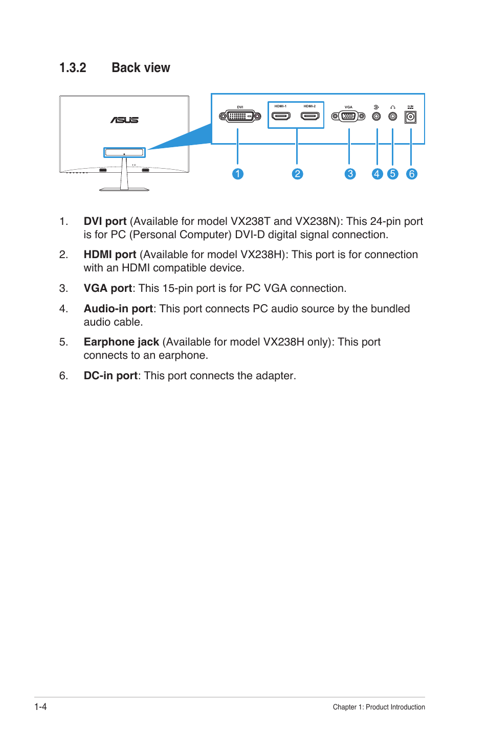2 back view, Back view -4 | Asus VX238T-W User Manual | Page 11 / 25
