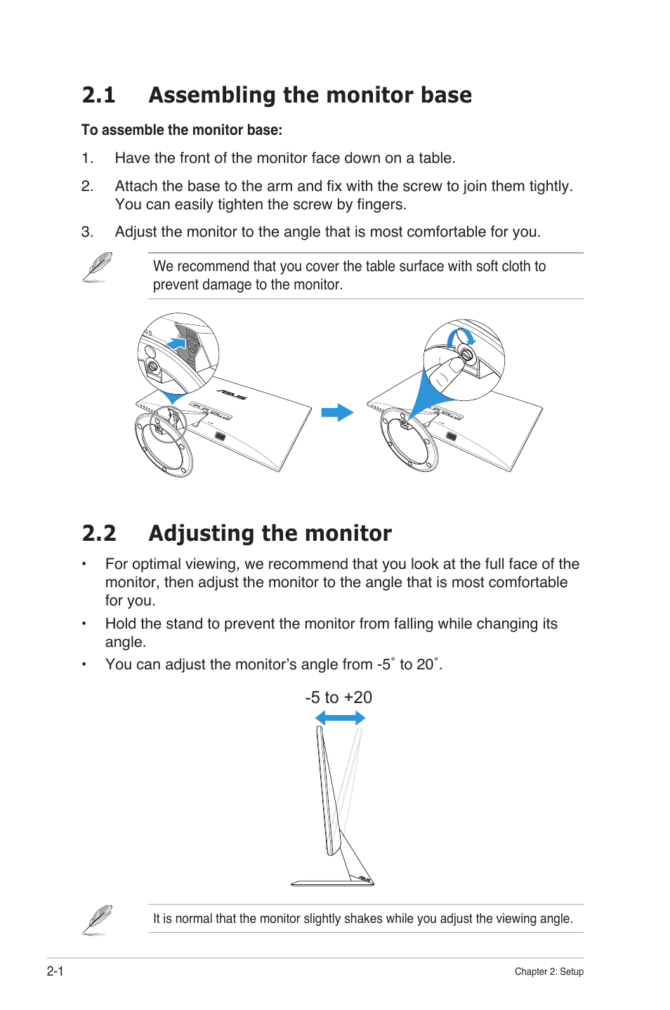 1 assembling the monitor base, 2 adjusting the monitor | Asus VX238T-W User Manual | Page 13 / 25