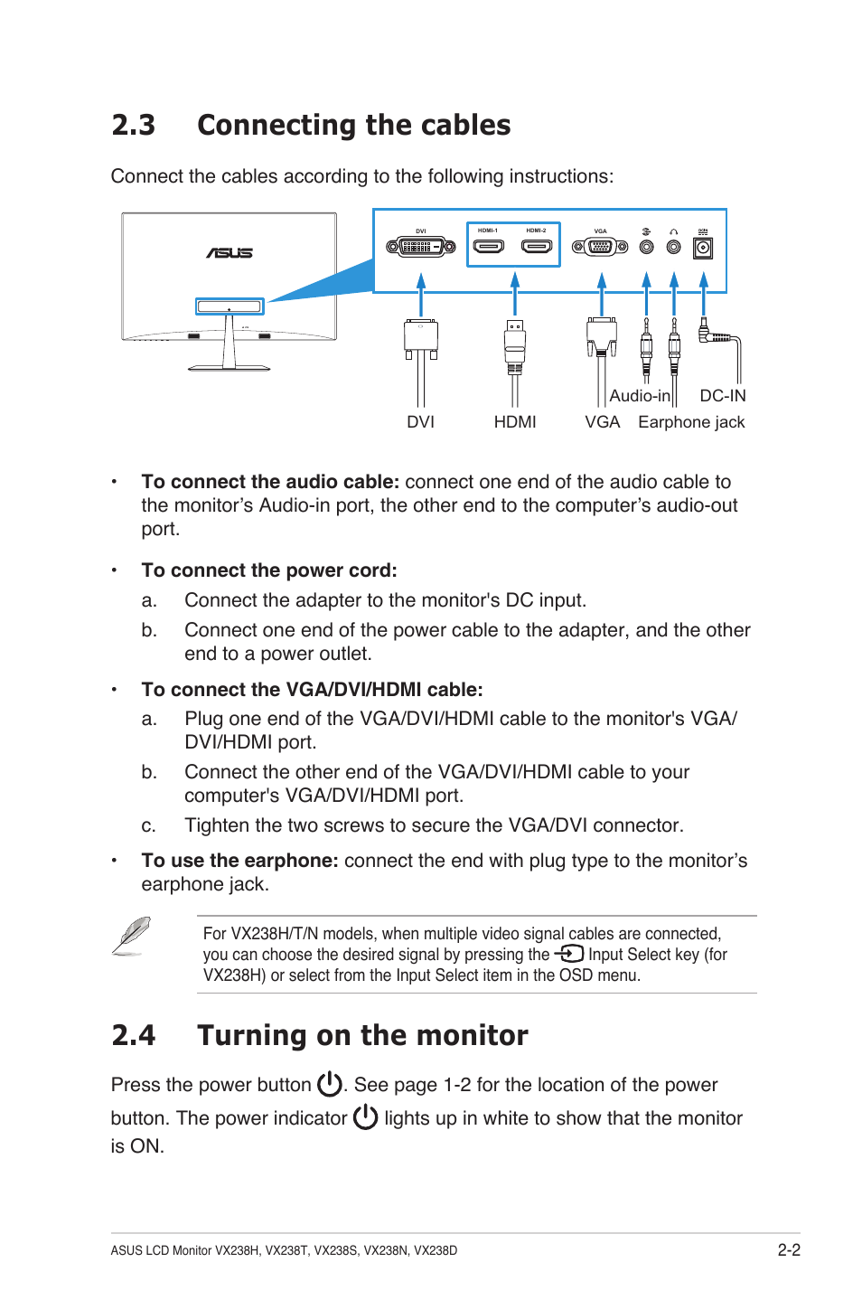 3 connecting the cables, 4 turning on the monitor | Asus VX238T-W User Manual | Page 14 / 25