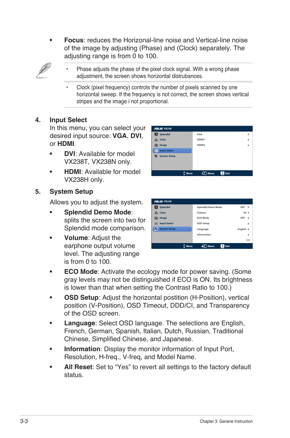 2 specifications summary, 1 vx238h, Specifications summary -4 3.2.1 vx238h -4 | Asus VX238T-W User Manual | Page 17 / 25