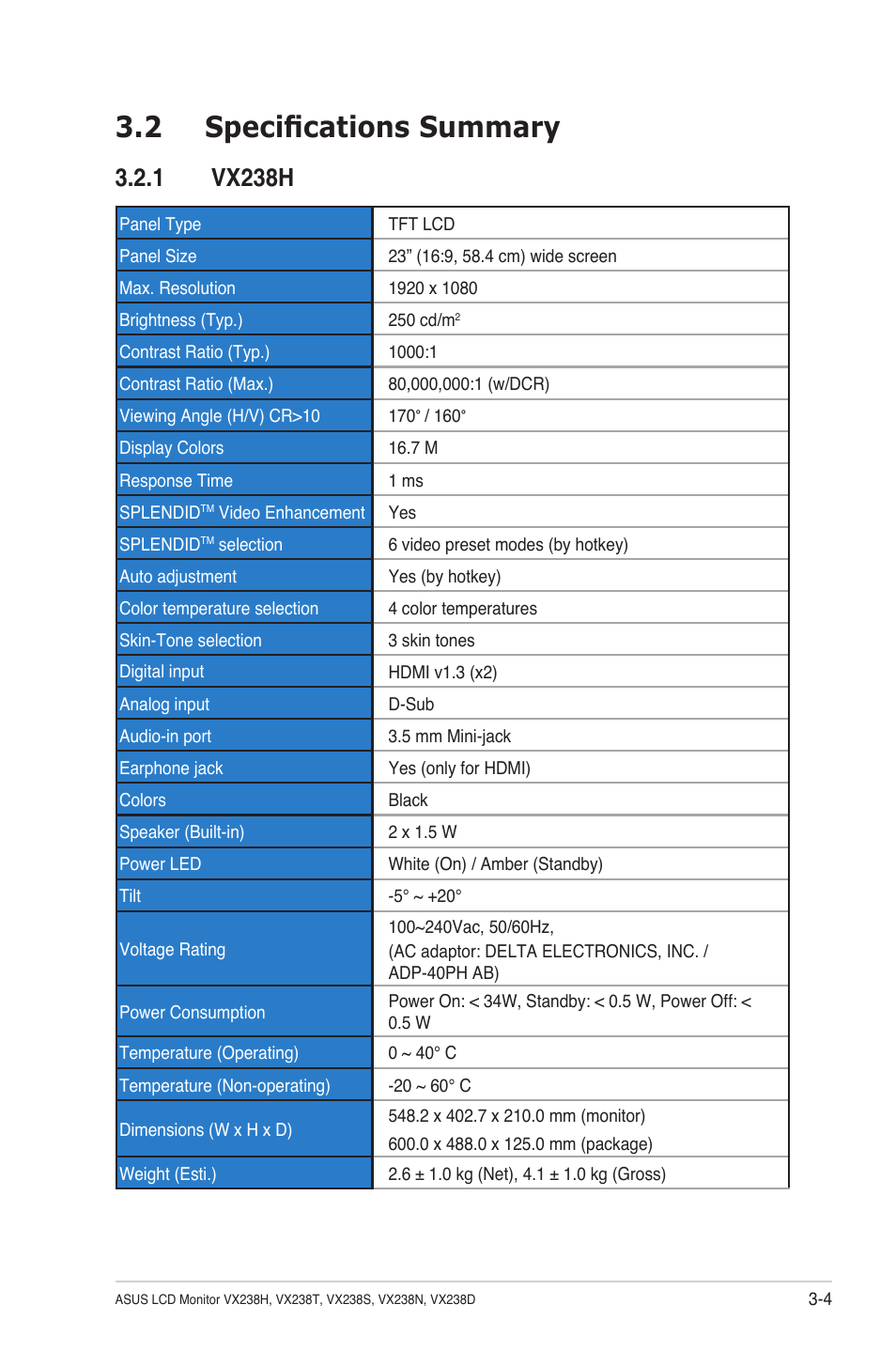 2 vx238t, 2 vx238t -5, 2 specifications summary | 1 vx238h | Asus VX238T-W User Manual | Page 18 / 25