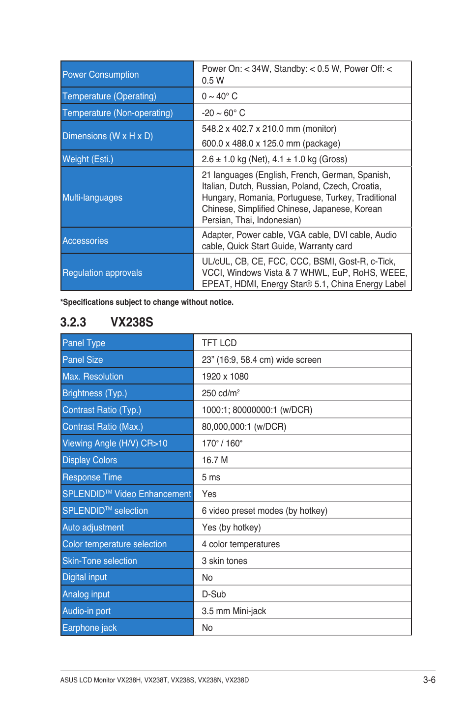 4 vx238n, 4 vx238n -7, 3 vx238s | Asus VX238T-W User Manual | Page 20 / 25