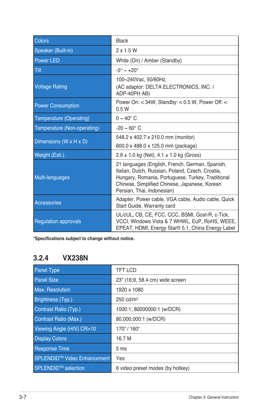 5 vx238d, 5 vx238d -8, 4 vx238n | Asus VX238T-W User Manual | Page 21 / 25