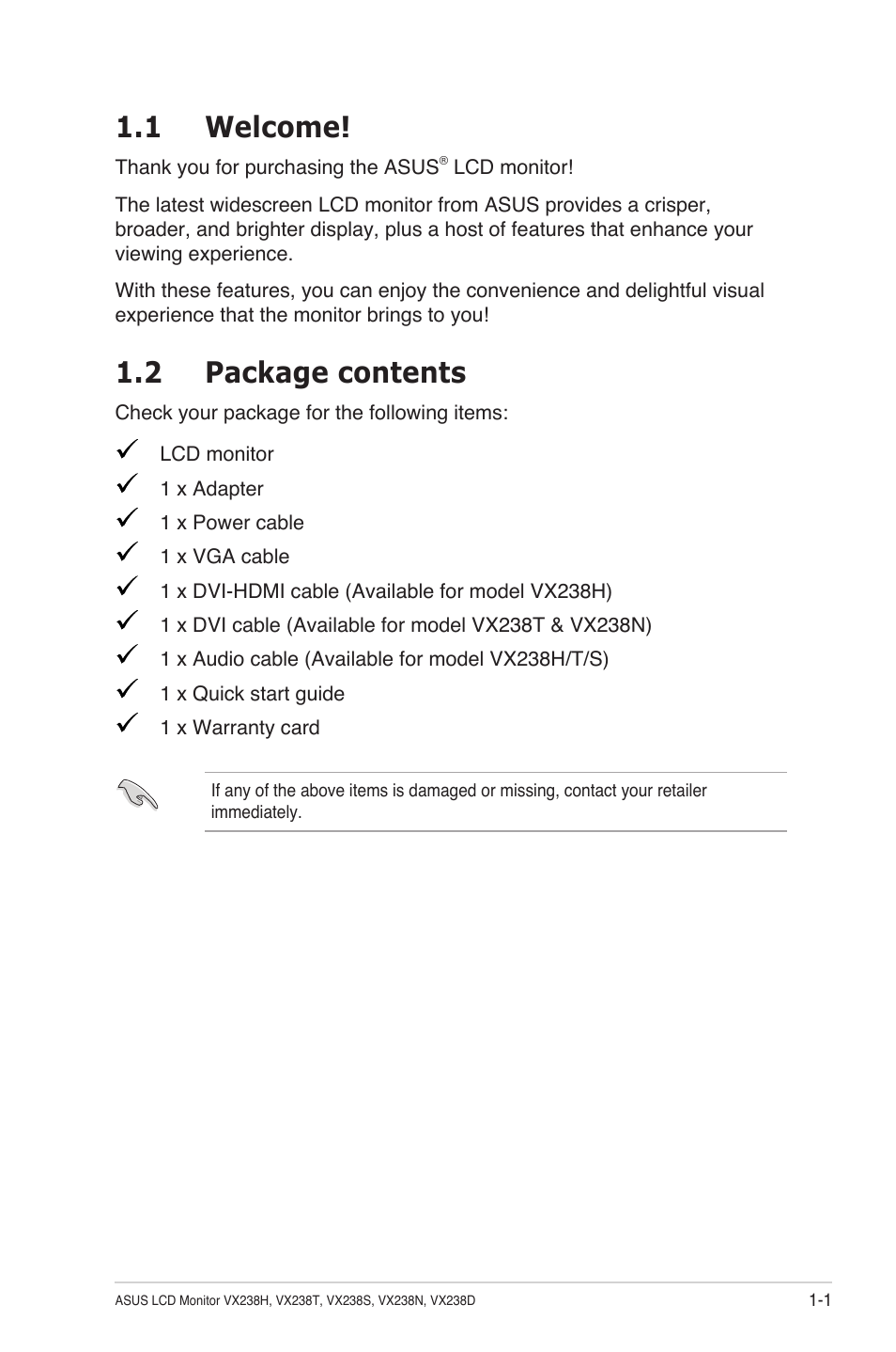 1 welcome, 2 package contents, 1 welcome! -1 1.2 | Package contents -1 | Asus VX238T-W User Manual | Page 8 / 25