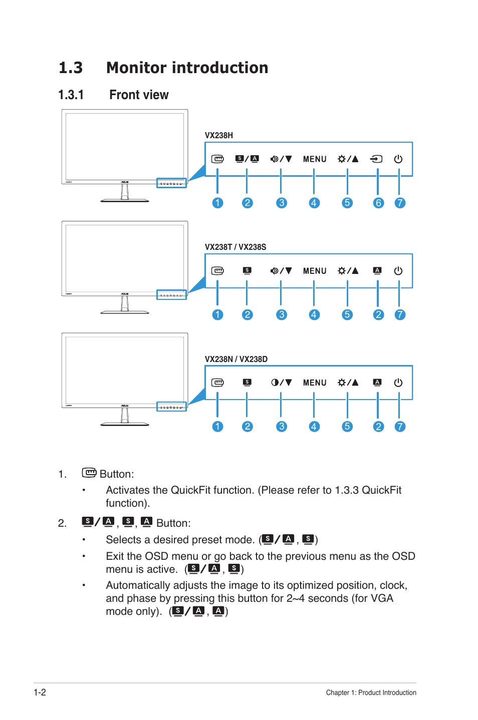 3 monitor introduction, 1 front view, Monitor introduction -2 1.3.1 | Front view -2 | Asus VX238T-W User Manual | Page 9 / 25