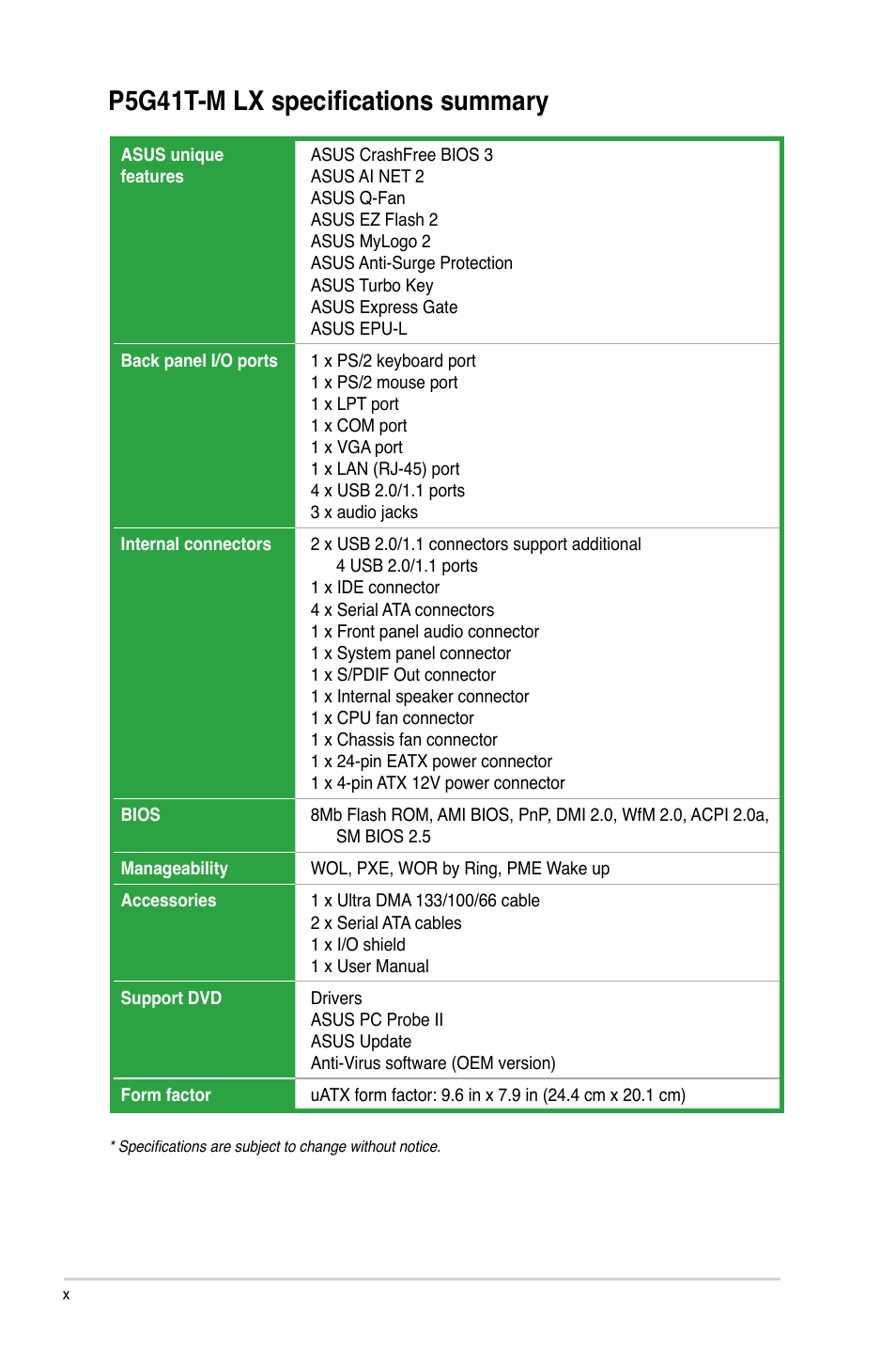 P5g41t-m lx specifications summary | Asus P5G41T-M LX User Manual | Page 10 / 60