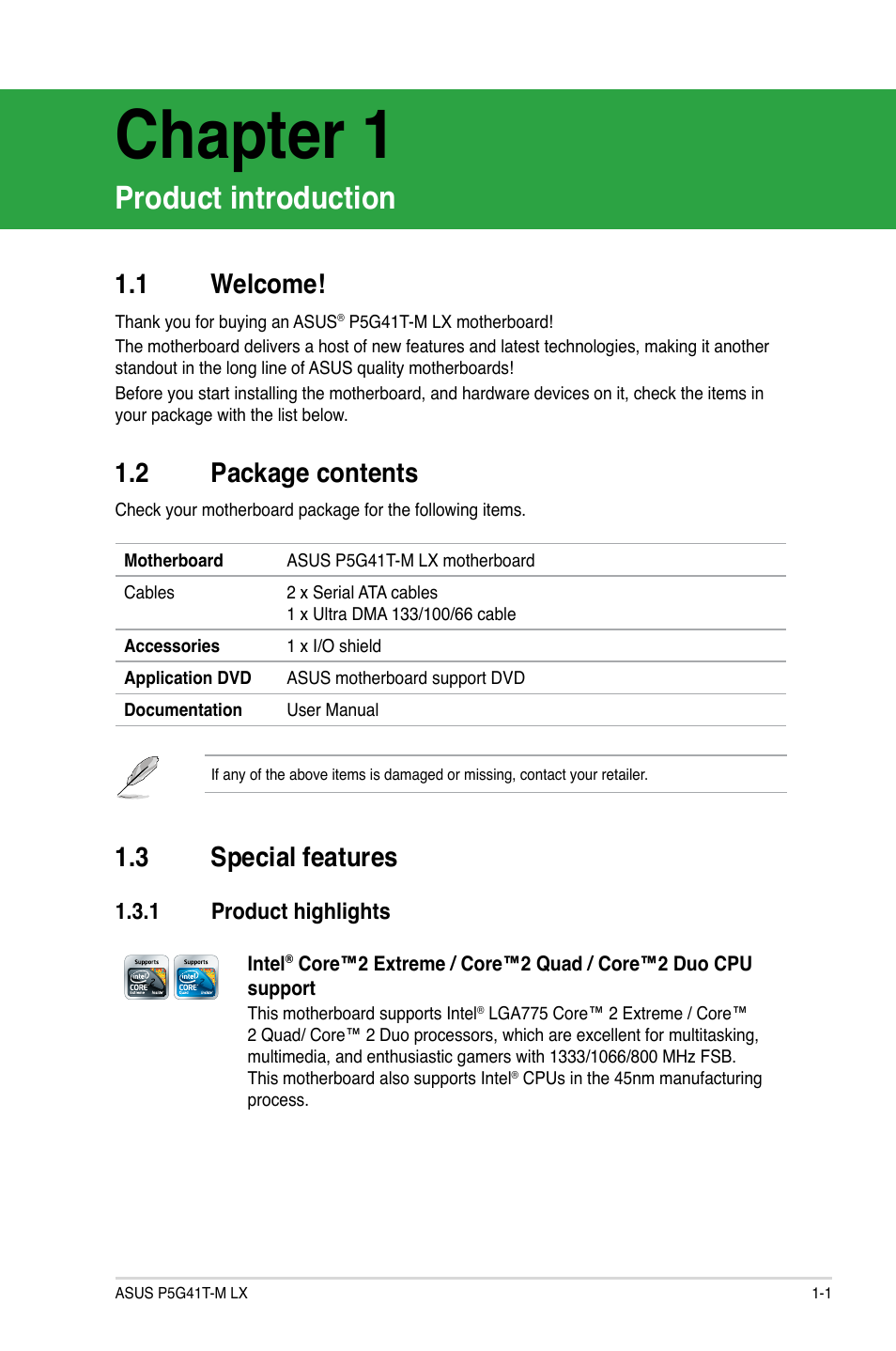 Chapter 1, Product introduction, 1 welcome | 2 package contents, 3 special features, 1 product highlights, Welcome! -1, Package contents -1, Special features -1 1.3.1, Product highlights -1 | Asus P5G41T-M LX User Manual | Page 11 / 60