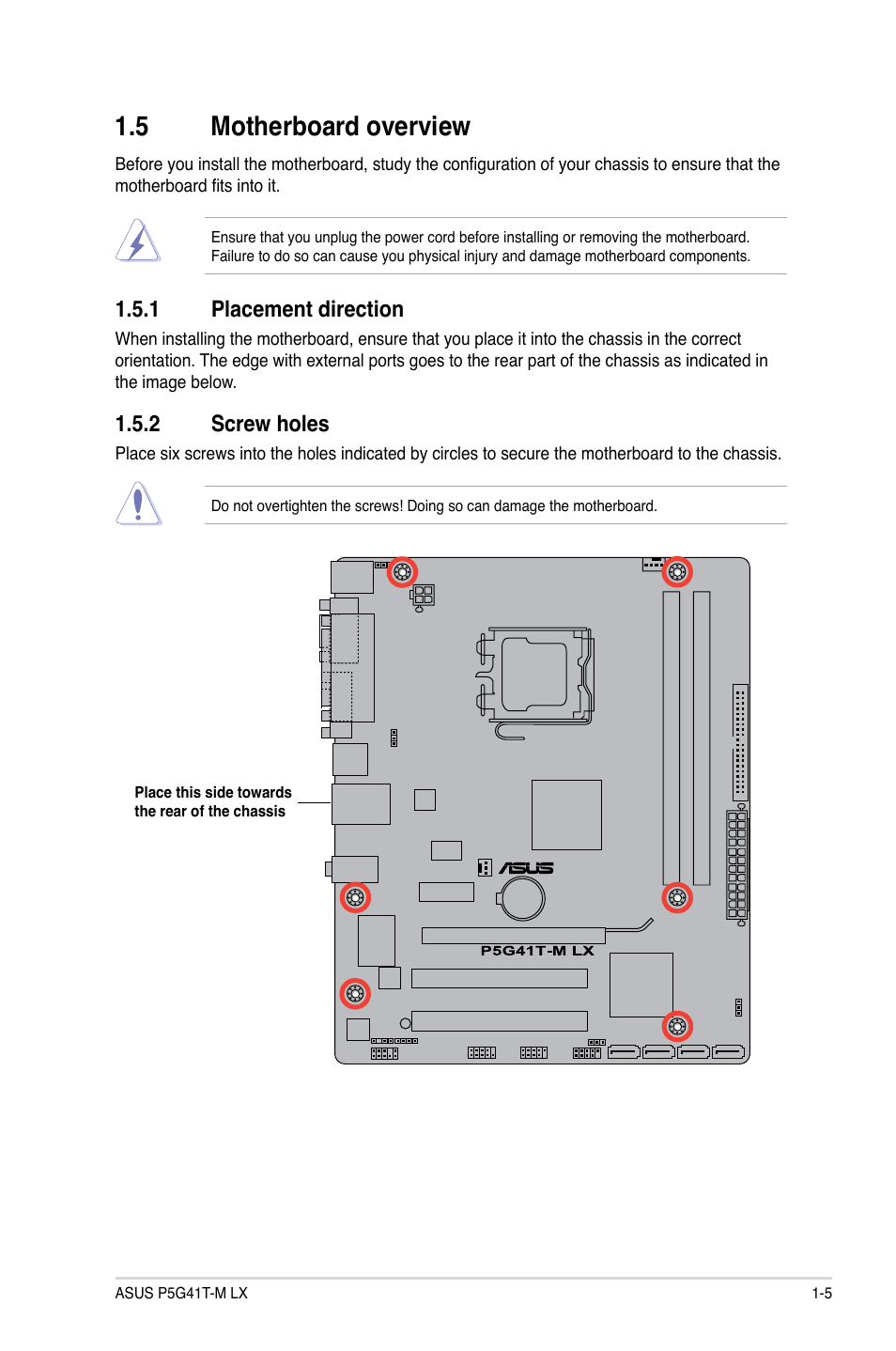 5 motherboard overview, 1 placement direction, 2 screw holes | Motherboard overview -5 1.5.1, Placement direction -5, Screw holes -5 | Asus P5G41T-M LX User Manual | Page 15 / 60