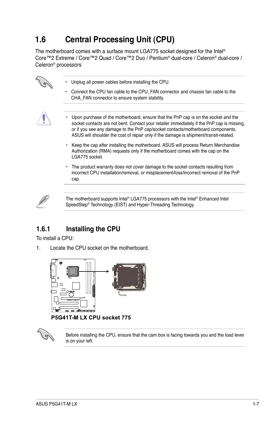 6 central processing unit (cpu), 1 installing the cpu, Central processing unit (cpu) -7 1.6.1 | Installing the cpu -7 | Asus P5G41T-M LX User Manual | Page 17 / 60