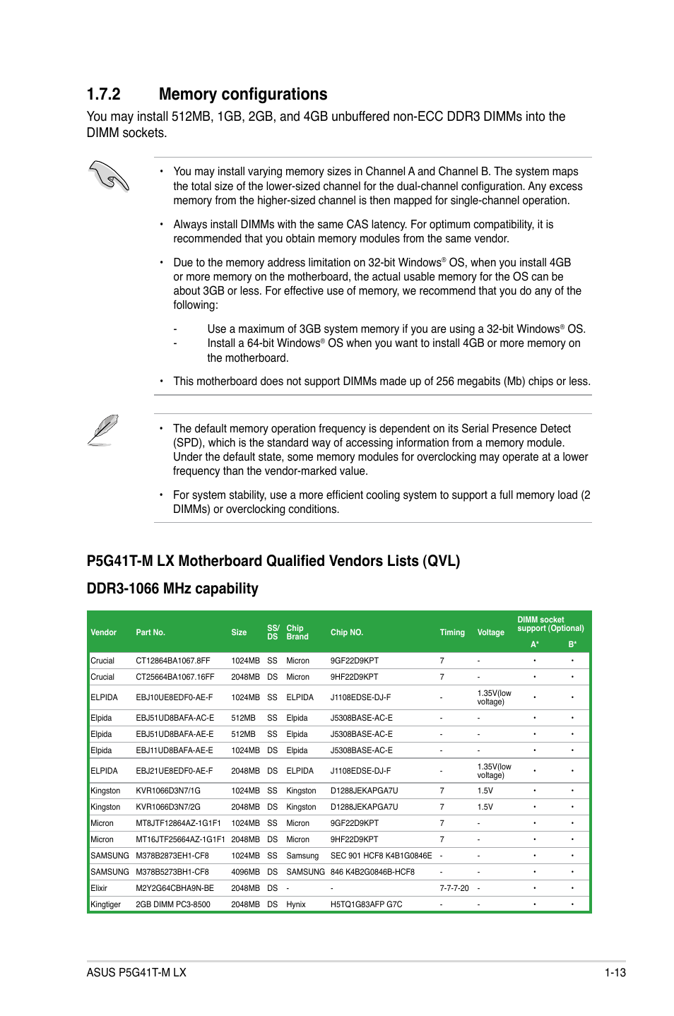 2 memory configurations, Memory configurations -13 | Asus P5G41T-M LX User Manual | Page 23 / 60