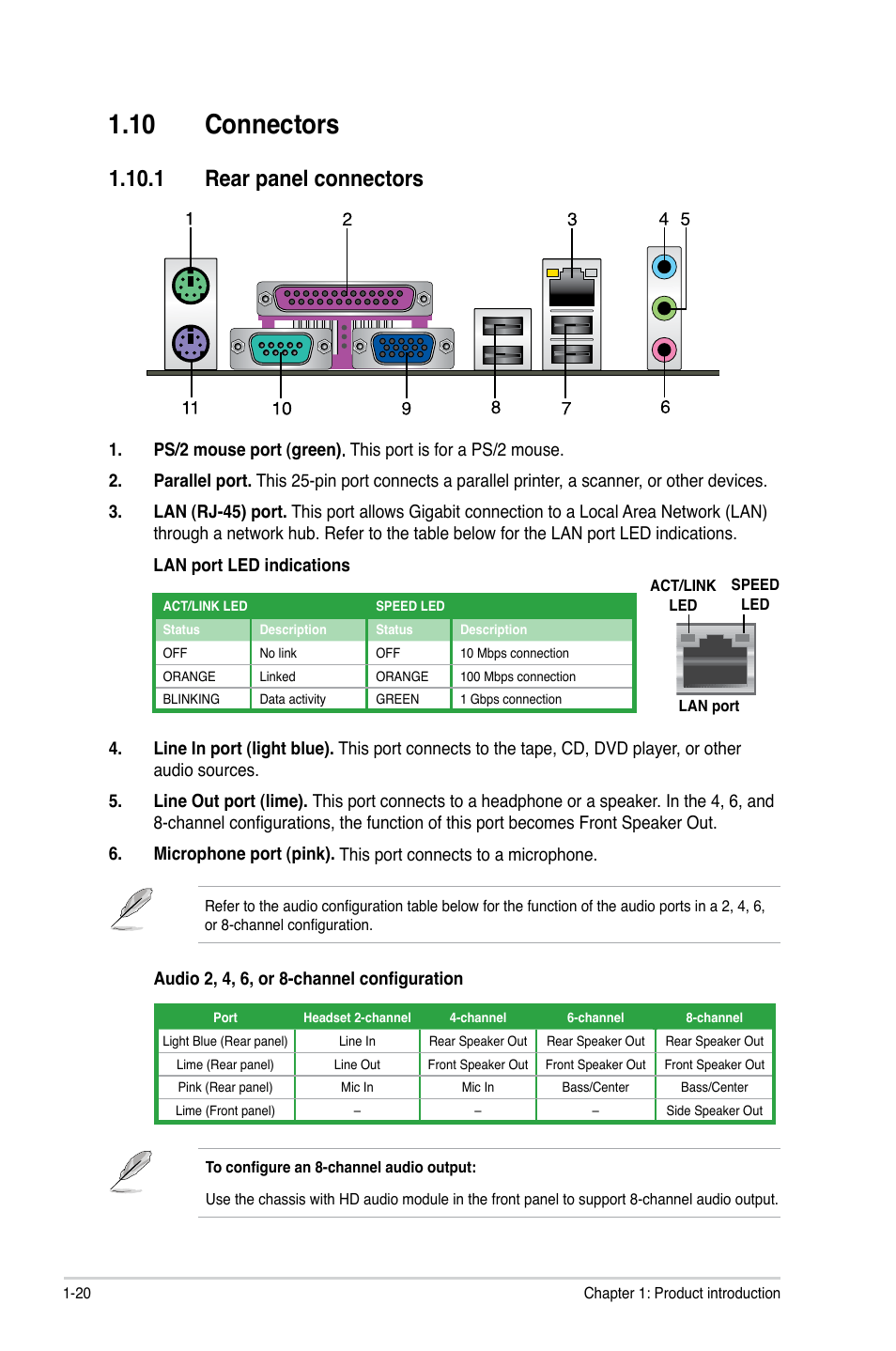 10 connectors, 1 rear panel connectors, 10 connectors -20 | 1 rear panel connectors -20 | Asus P5G41T-M LX User Manual | Page 30 / 60