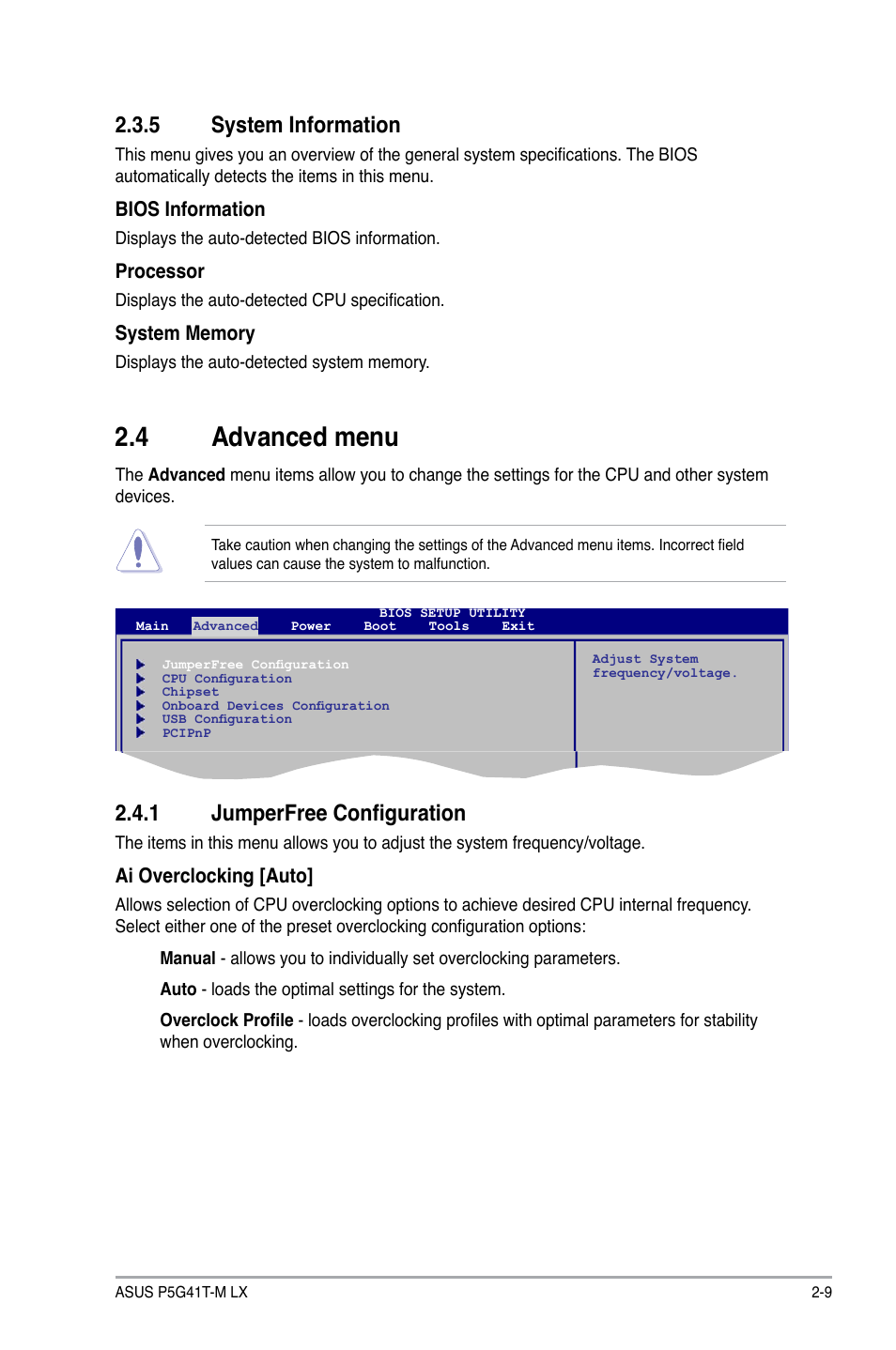 5 system information, 4 advanced menu, 1 jumperfree configuration | System information -9, Advanced menu -9 2.4.1, Jumperfree configuration -9 | Asus P5G41T-M LX User Manual | Page 47 / 60