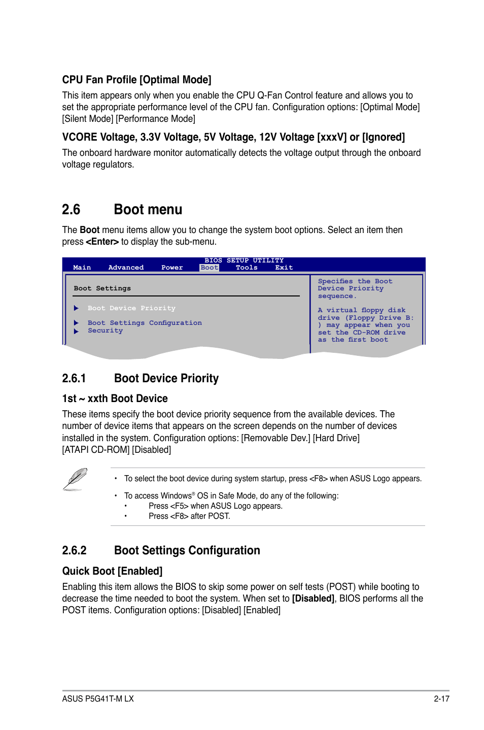 6 boot menu, 1 boot device priority, 2 boot settings configuration | Boot menu -17 2.6.1, Boot device priority -17, Boot settings configuration -17, 1st ~ xxth boot device, Quick boot [enabled, Cpu fan profile [optimal mode | Asus P5G41T-M LX User Manual | Page 55 / 60