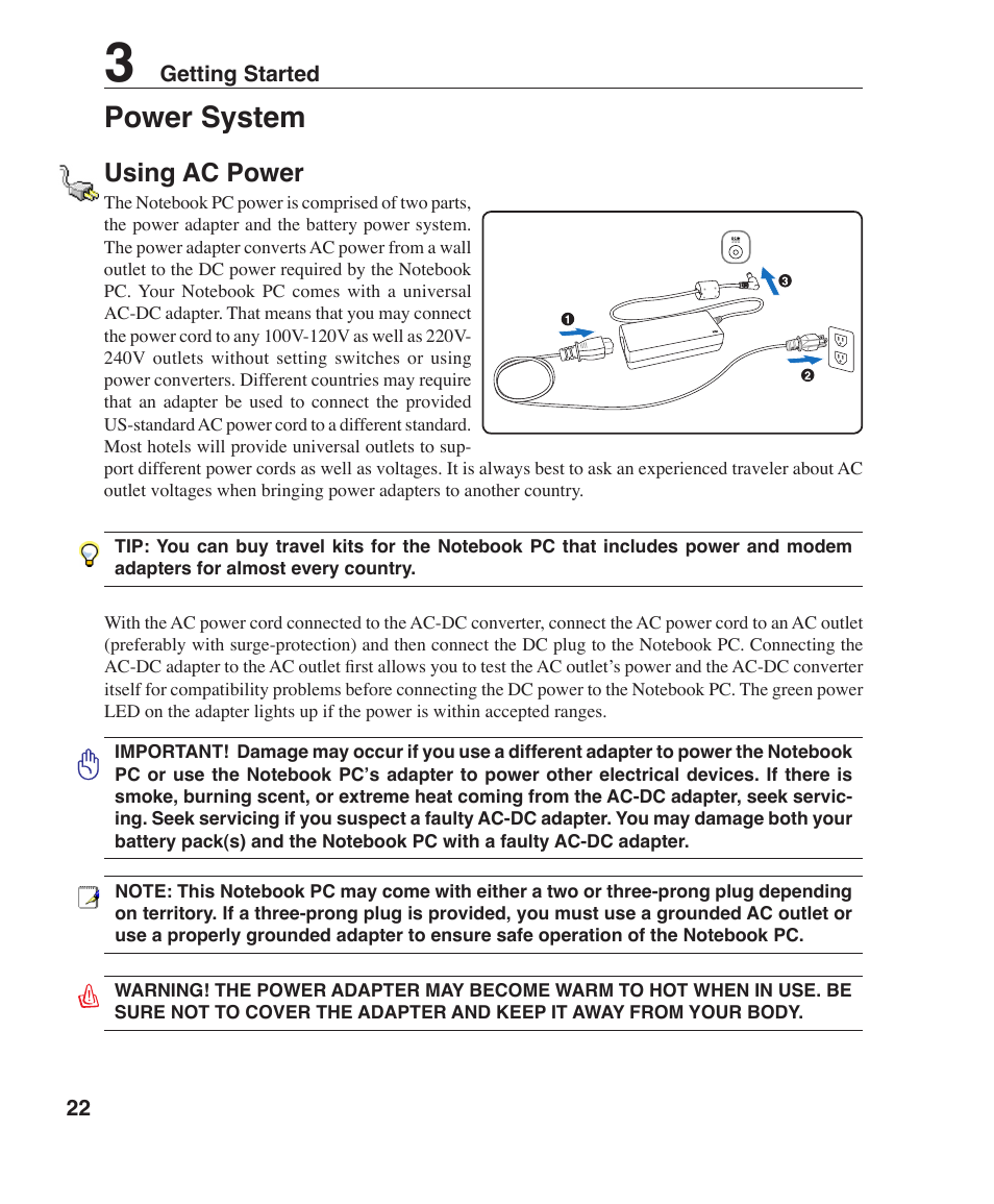 Power system, Using ac power | Asus Z96J User Manual | Page 22 / 67