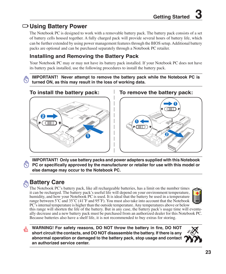 Using battery power, Battery care | Asus Z96J User Manual | Page 23 / 67