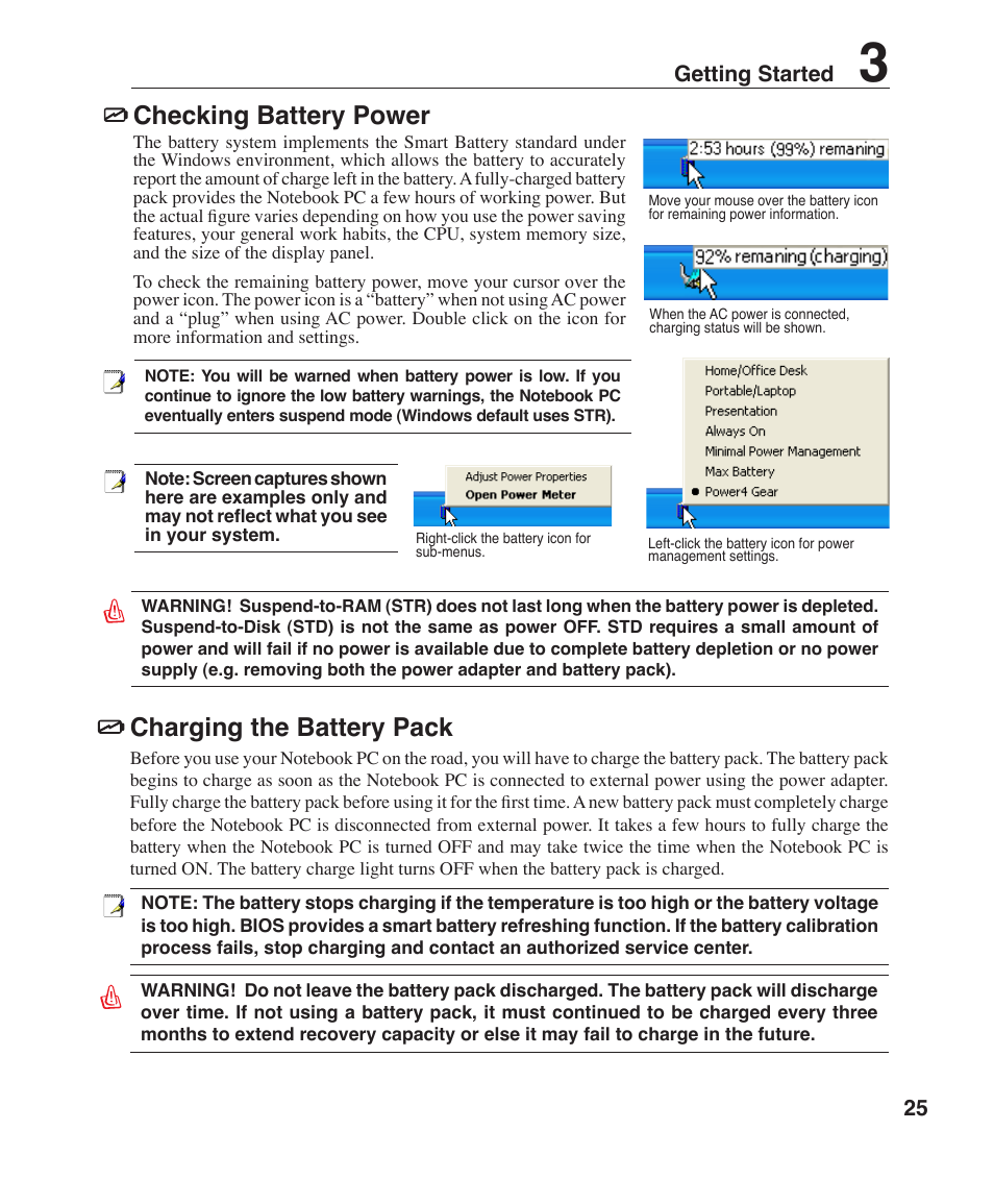 Checking battery power, Charging the battery pack, 25 getting started | Asus Z96J User Manual | Page 25 / 67