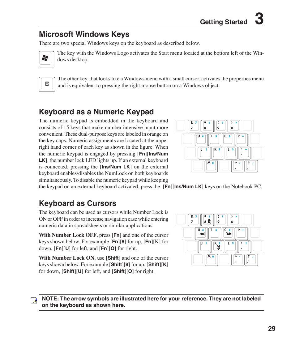 Microsoft windows keys, Keyboard as a numeric keypad, Keyboard as cursors | 29 getting started | Asus Z96J User Manual | Page 29 / 67