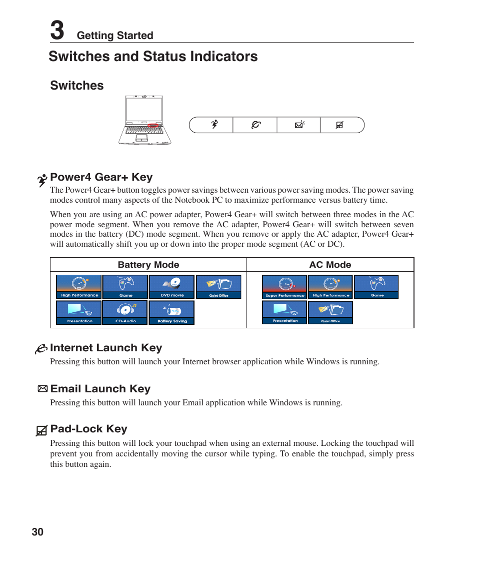 Switches and status indicators | Asus Z96J User Manual | Page 30 / 67