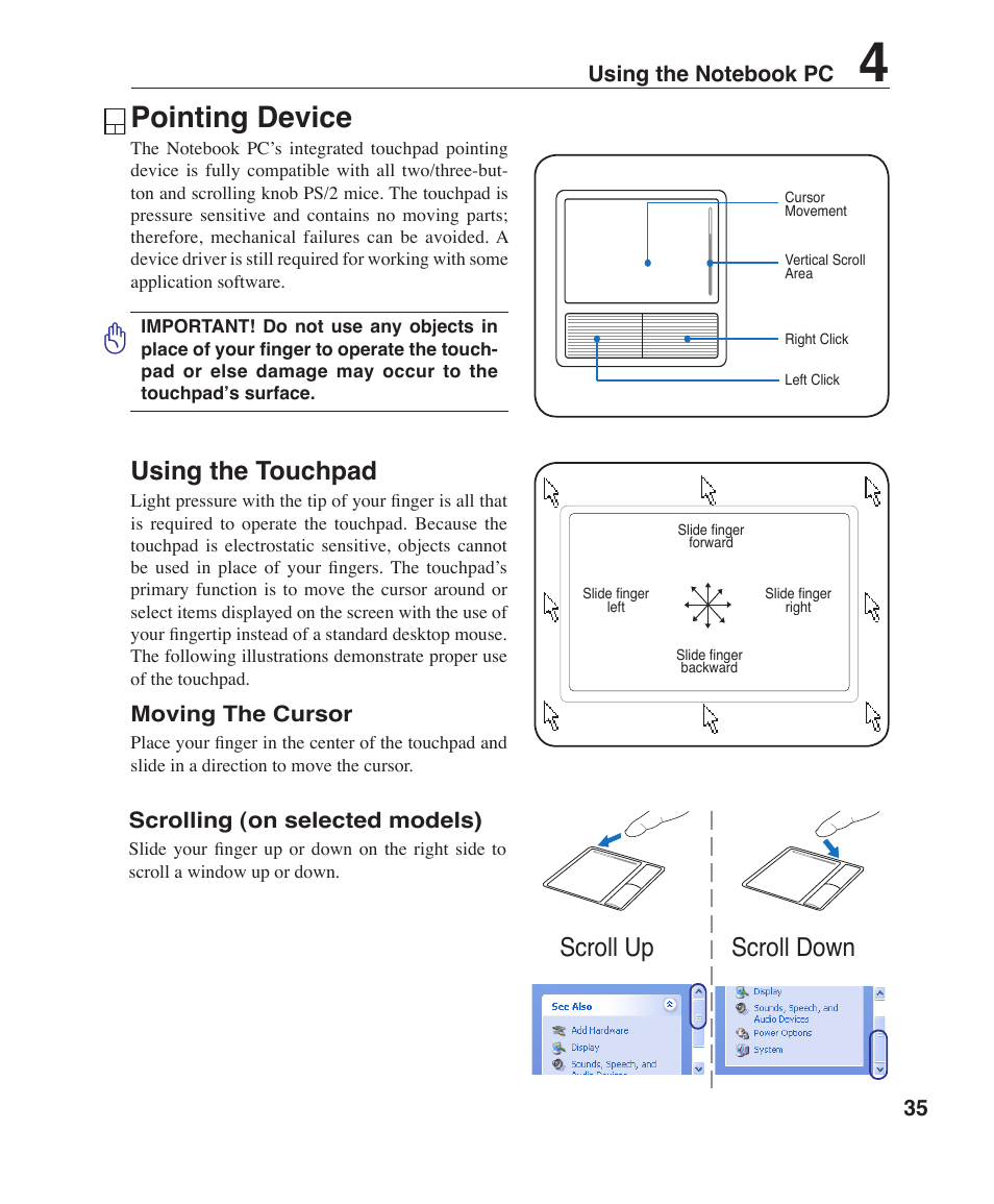 Pointing device, Using the touchpad, Scroll down scroll up | Asus Z96J User Manual | Page 35 / 67